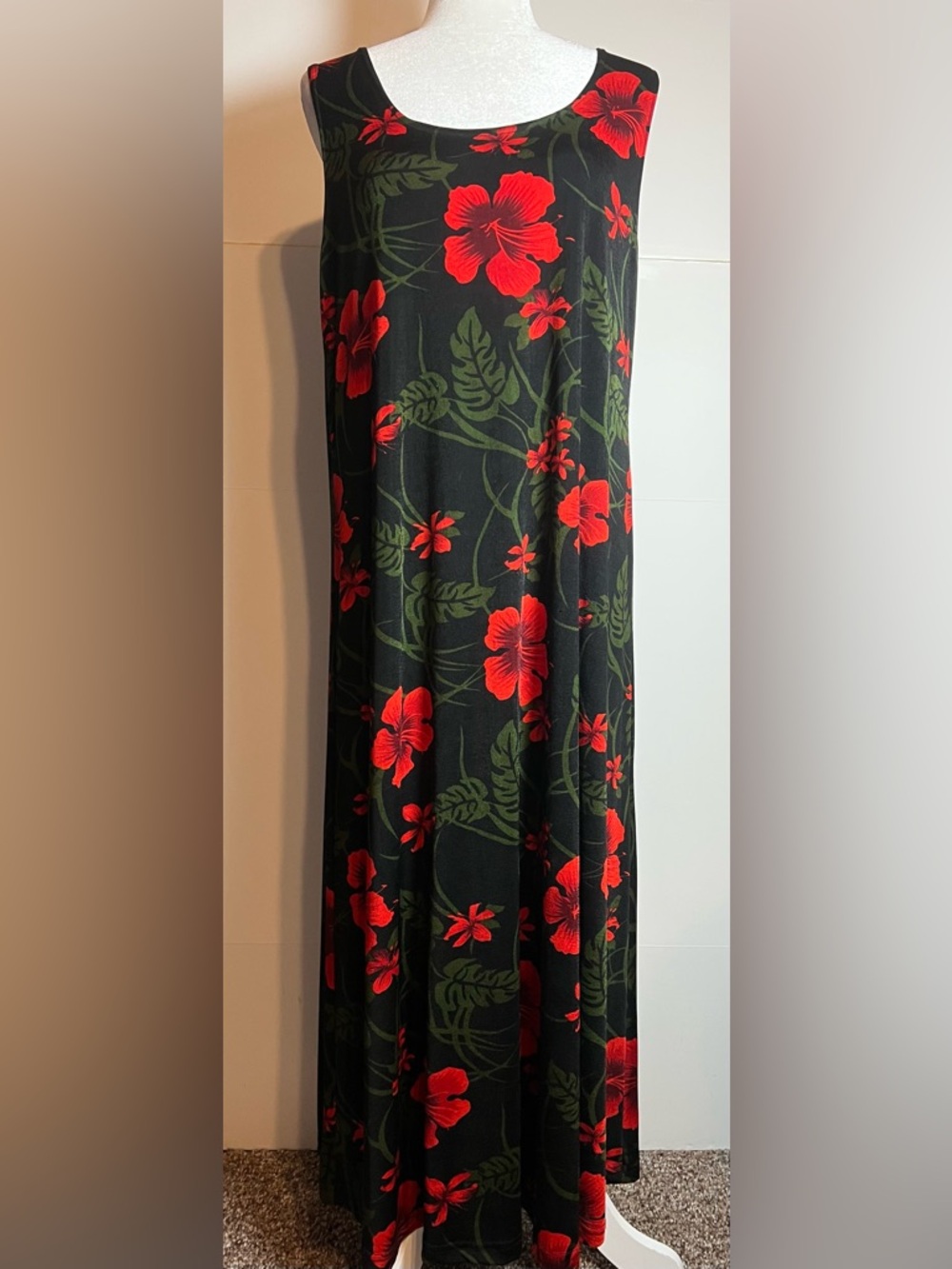 Black Red Hibiscus Floral Maxi Dress XL Tropical Vacation Resort Boho